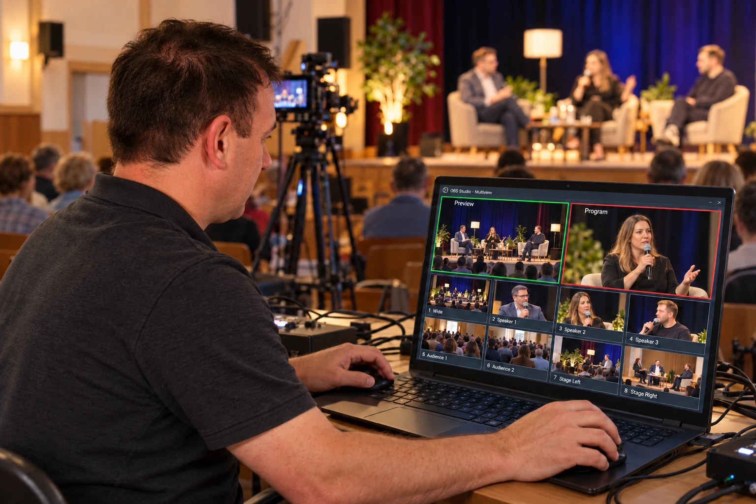 Riadenie živého prenosu diskusie cez OBS Studio v režime multiview — ilustračná fotografia